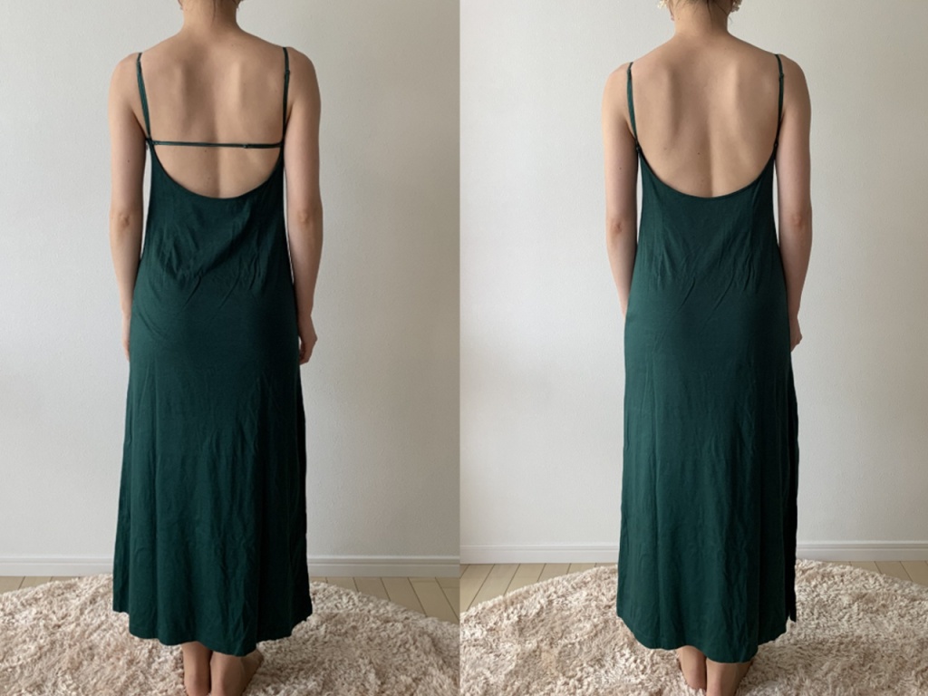 “Tsuya Open Back OP “ 左:ストラップあり 右:ストラップなし